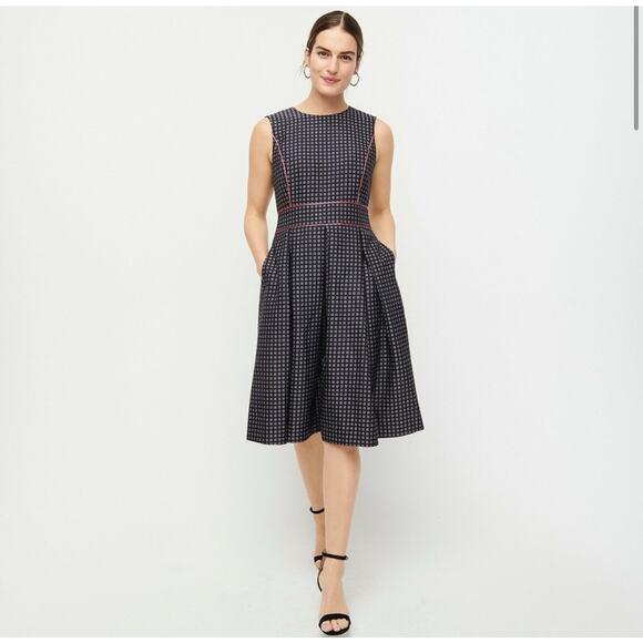 NWT J. Crew Navy Pink Pleated Full-skirt Jacquard Dress 00 Classy Career Retro - Picture 1 of 14